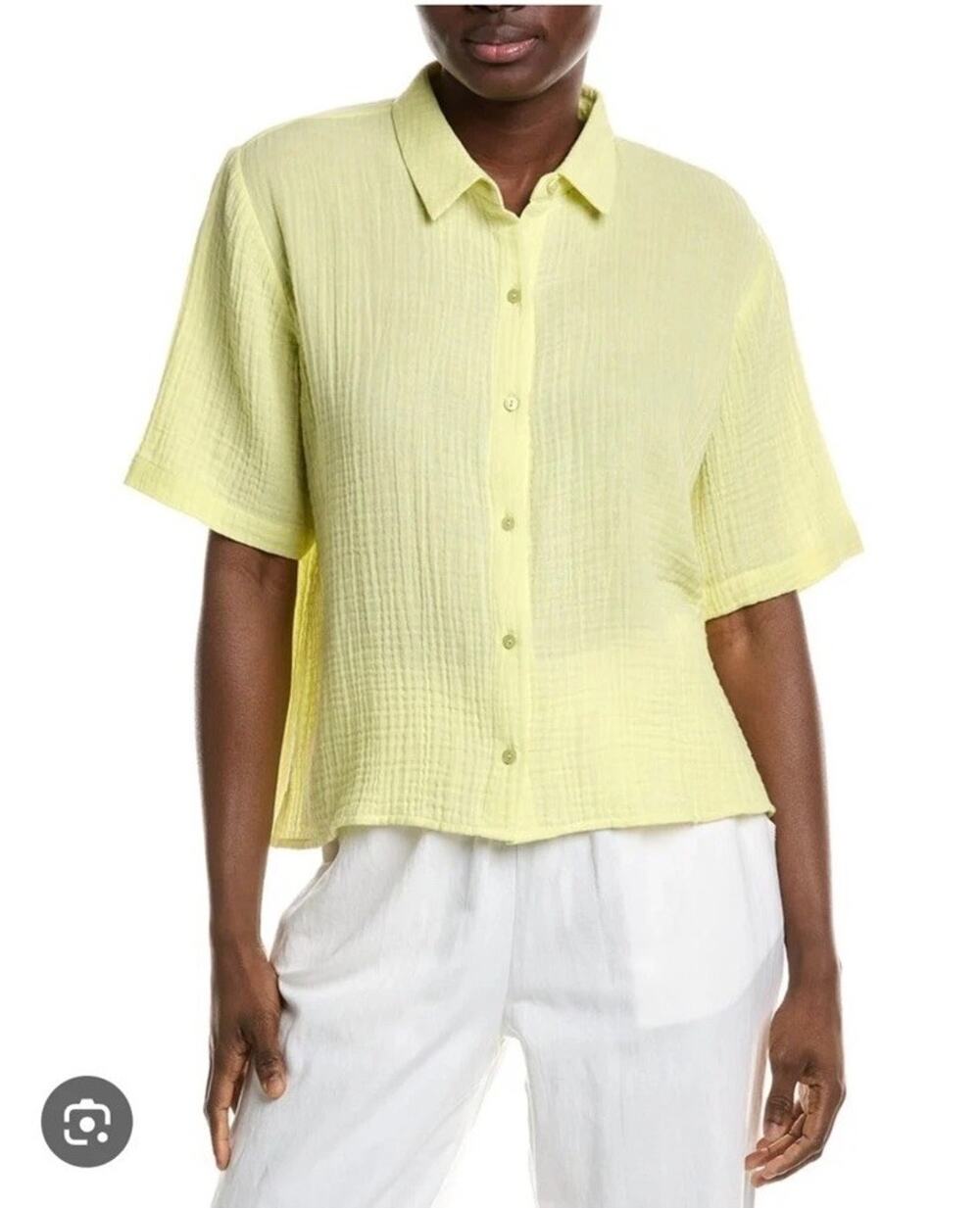 Eileen Fisher Organic Cotton Gauze Classic Collar Shirt Citron Yellow Large Boxy